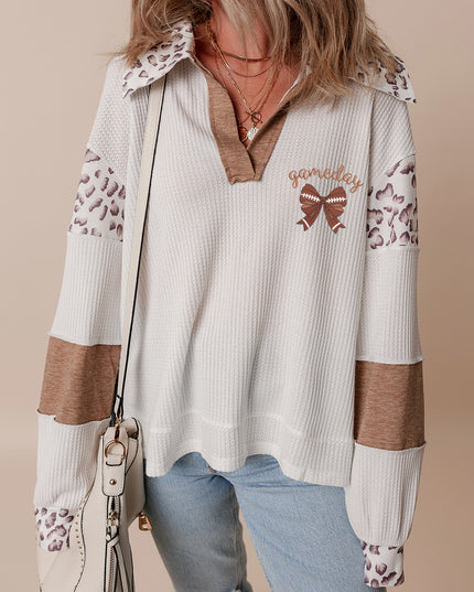 White game day Bow Embroidered Leopard Patchwork Collared Top