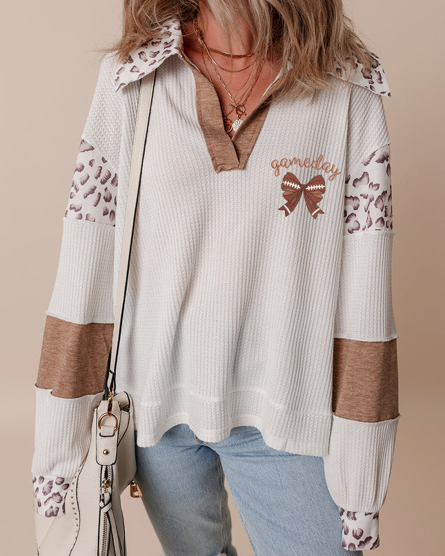 White game day Bow Embroidered Leopard Patchwork Collared Top