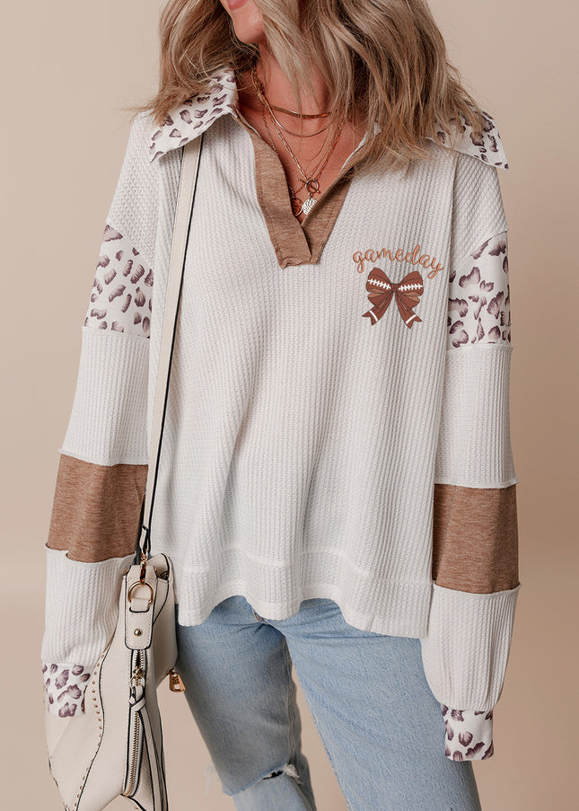 White game day Bow Embroidered Leopard Patchwork Collared Top