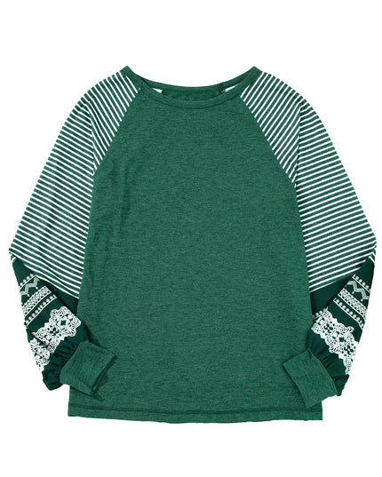 Rose Red Contrast Print Striped Raglan Long Sleeve Loose Top