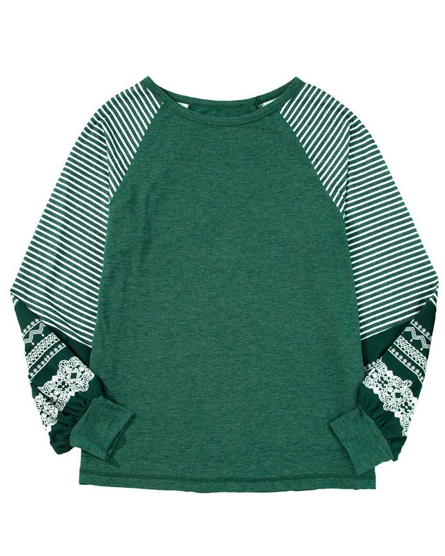 Rose Red Contrast Print Striped Raglan Long Sleeve Loose Top