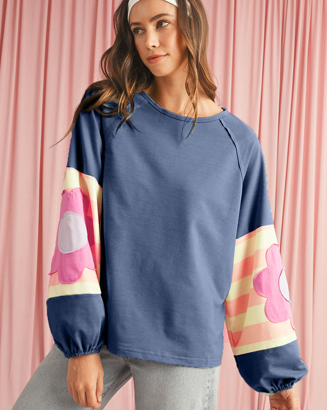 Smoke Green Flower Patchwork Exposed Seam Raglan Sleeve Top