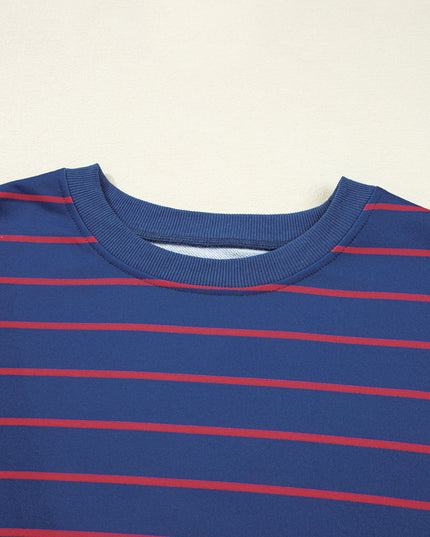 Blue Striped Overlap Detail Drop Shoulder Pullover Sweatshirt