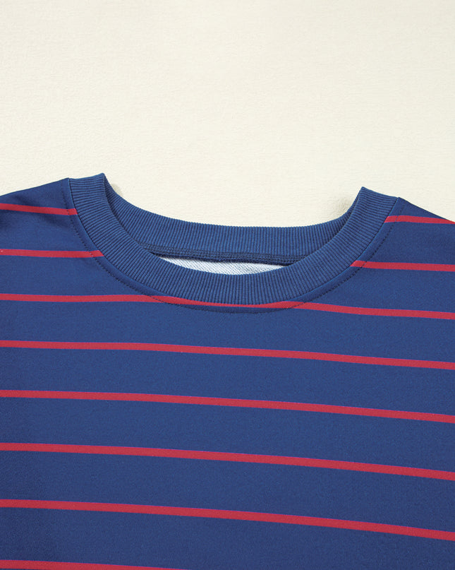 Blue Striped Overlap Detail Drop Shoulder Pullover Sweatshirt