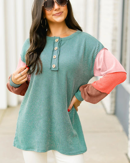 Multicolour Twisted Ribbed Colorblock Patchwork Henley Top