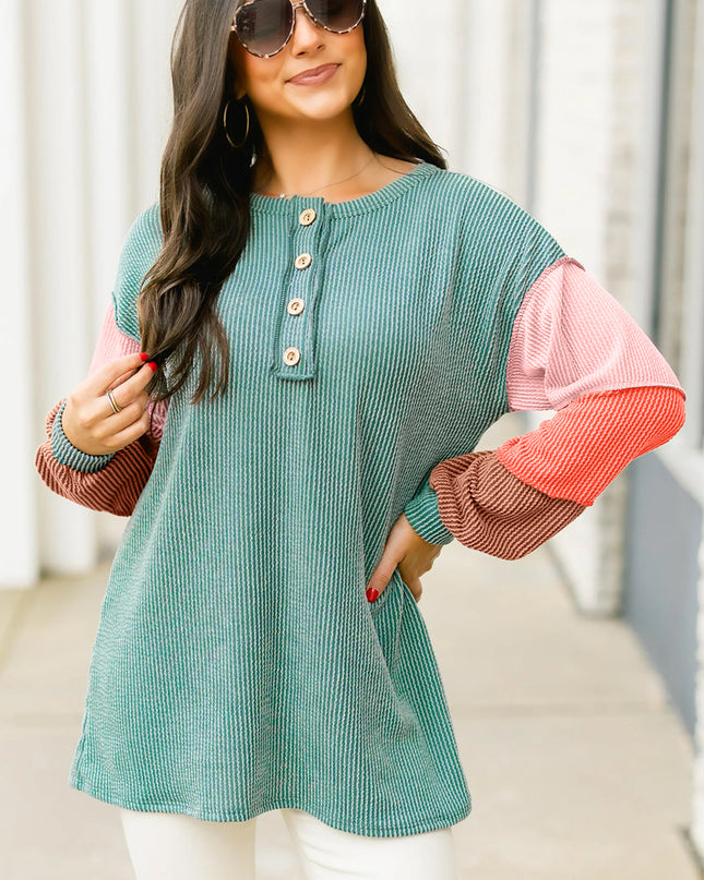 Multicolour Twisted Ribbed Colorblock Patchwork Henley Top