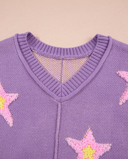 Lavendula Brushed Star Graphic V Neck Drop Shoulder Oversize Sweater