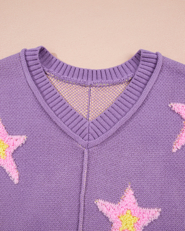 Lavendula Brushed Star Graphic V Neck Drop Shoulder Oversize Sweater