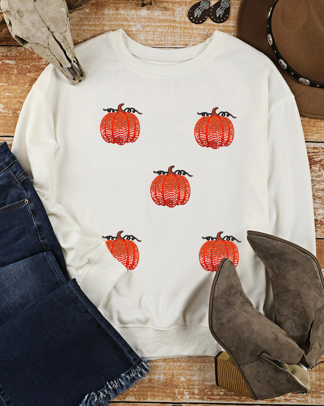 White Sequin Pumpkin Patched Drop Shoulder Sweatshirt