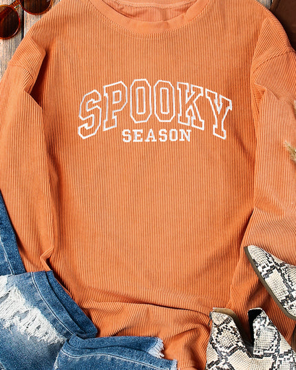 Orange SPOOKY SEASON Embroidered Letter Graphic Twisted Ribbed Sweatshirt