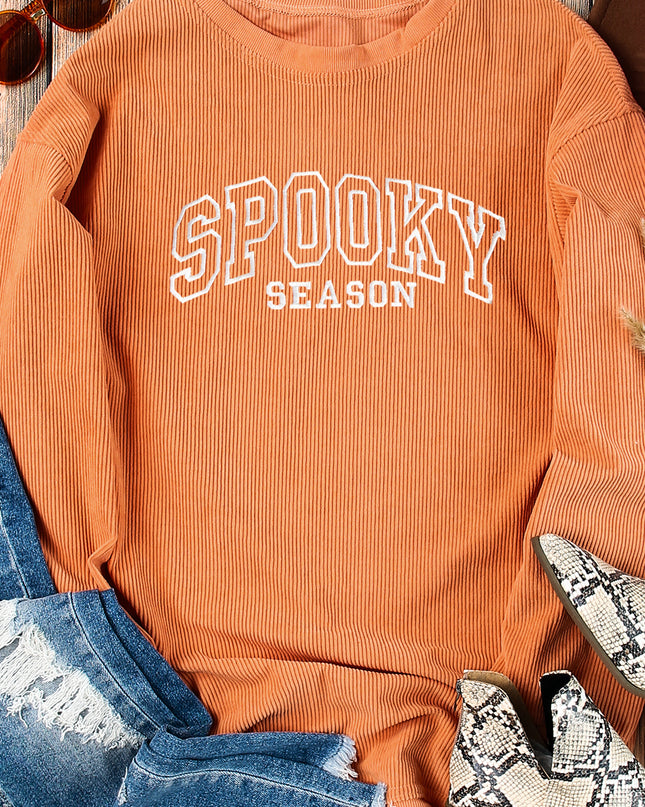 Orange SPOOKY SEASON Embroidered Letter Graphic Twisted Ribbed Sweatshirt