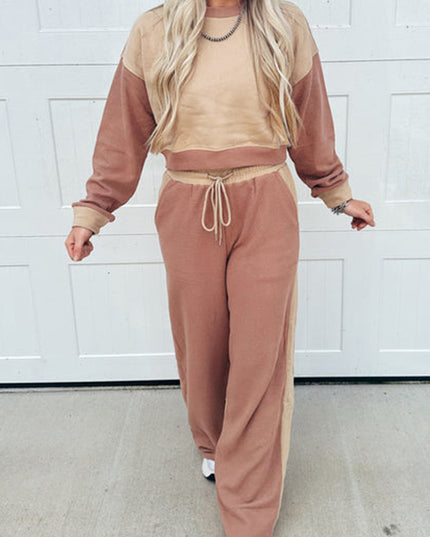 Khaki Color Block Long Sleeve Crop Top Drawstring Pant Set