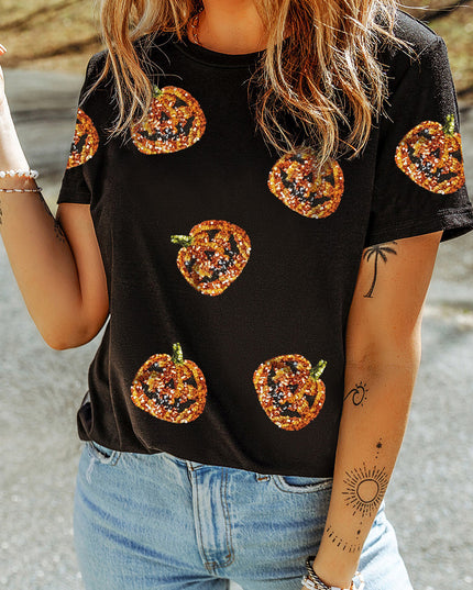 Black Halloween Sequin Pumpkin Face Graphic T Shirt
