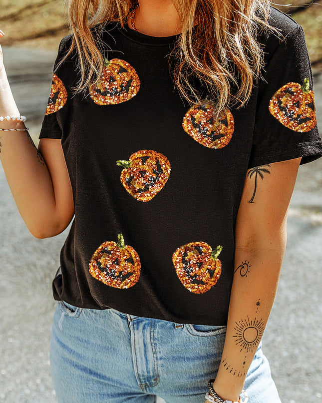 Black Halloween Sequin Pumpkin Face Graphic T Shirt