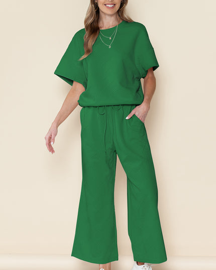 Black Textured Loose Fit T Shirt and Drawstring Pants Set