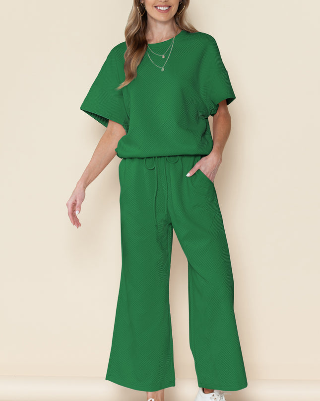 Black Textured Loose Fit T Shirt and Drawstring Pants Set