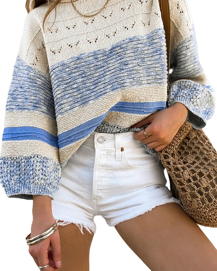 Light Blue Striped Puff Sleeve Sweater – Hollow Knit Casual Pullover