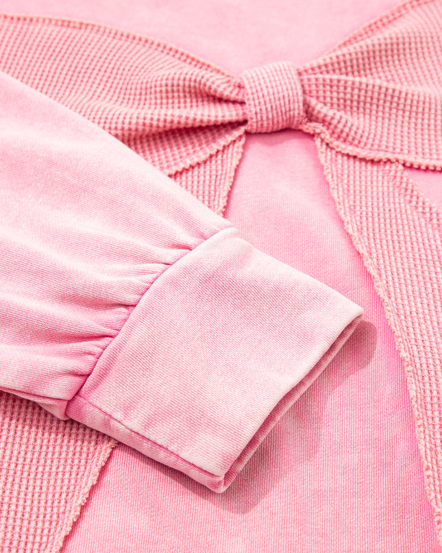 Bright Pink Mineral Wash Waffle Bow Patched Pullover Sweatshirt