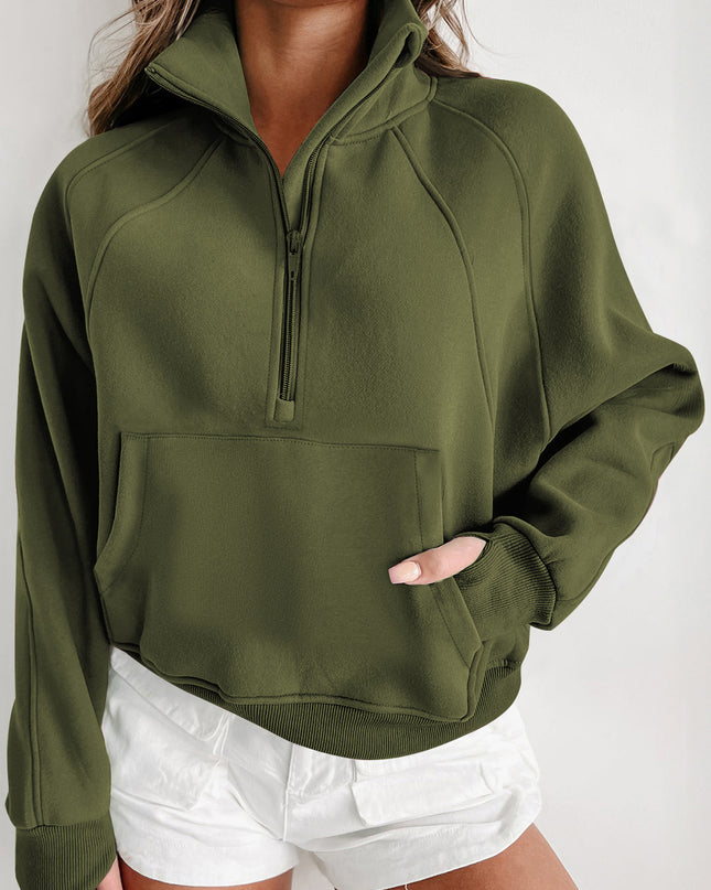 Black Zip Up Stand Collar Ribbed Thumbhole Sleeve Sweatshirt