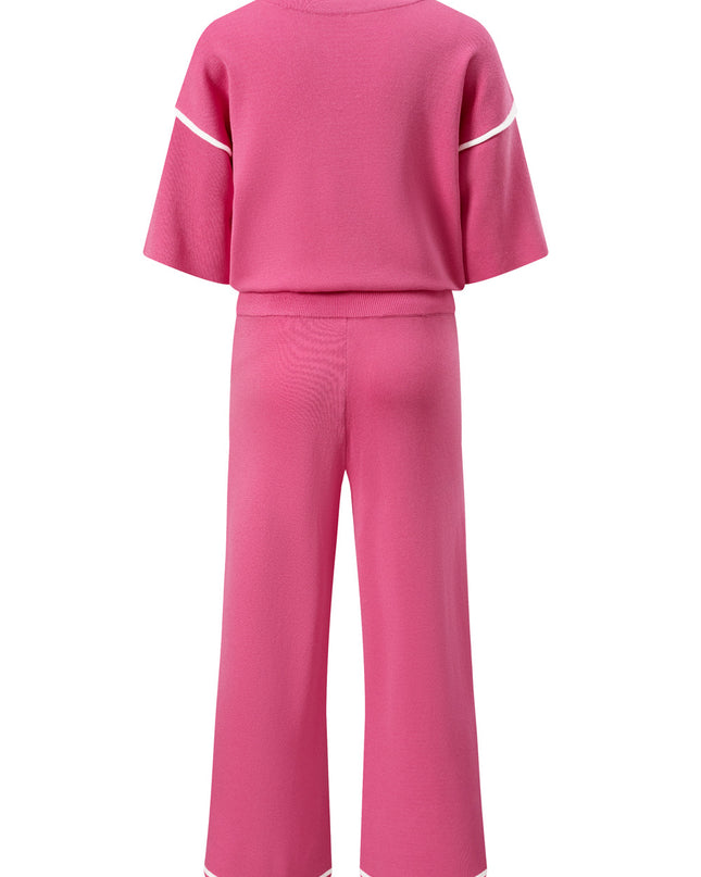 Navy Blue Loose Contrast Trim Half Sleeve Top and Drawstring Pants Set
