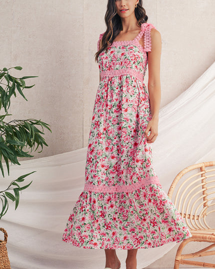 Green Floral Lace Tied Strap Empire Waist Maxi Dress