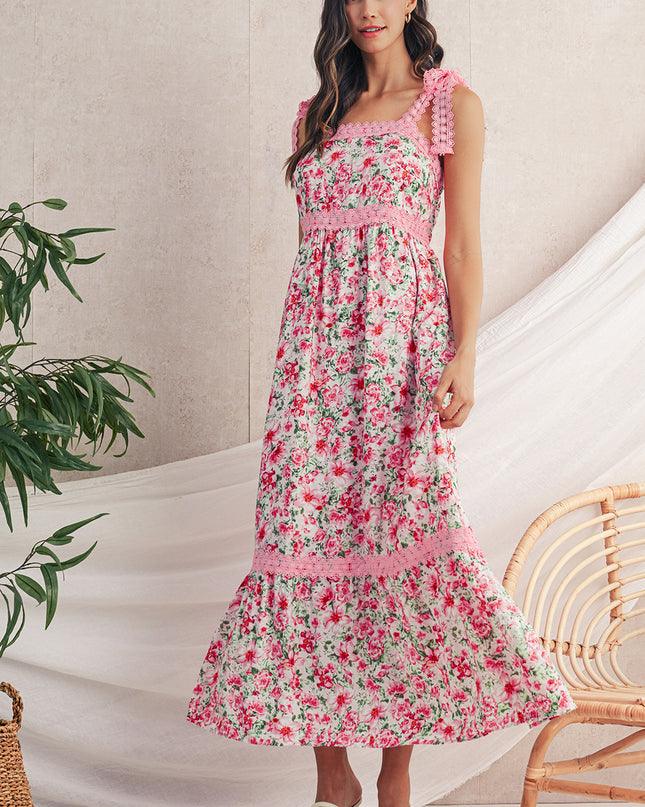 Green Floral Lace Tied Strap Empire Waist Maxi Dress