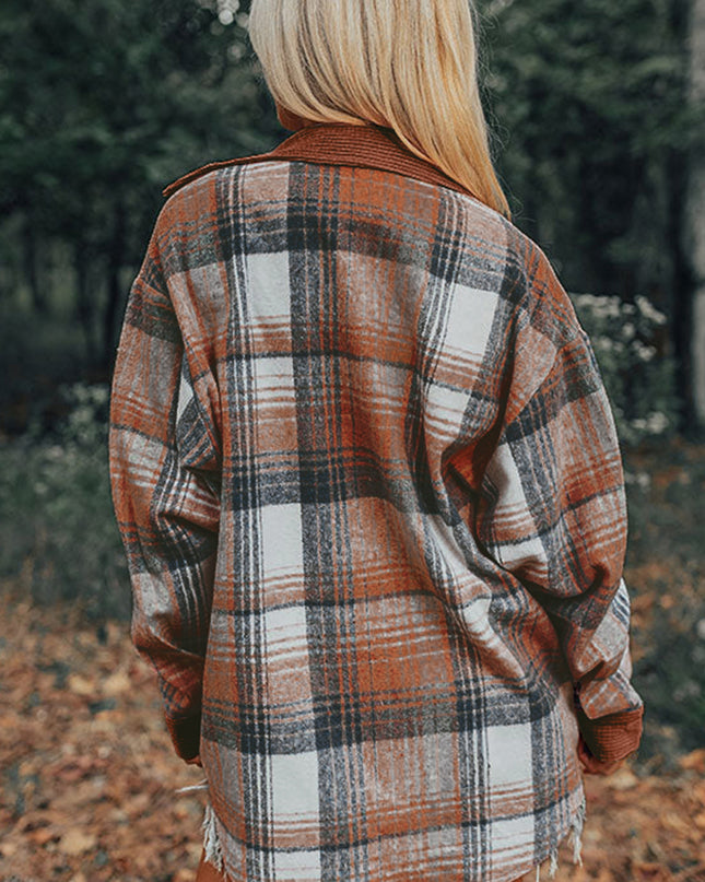 Cinnamon Plaid Corduroy Patchwork Pocket Loose Shacket