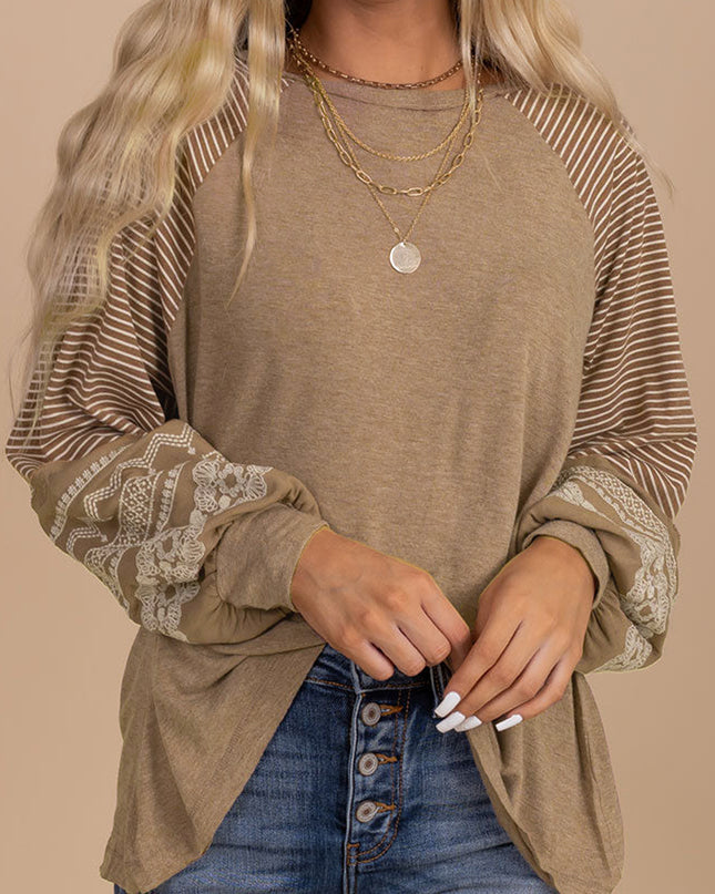 Rose Red Contrast Print Striped Raglan Long Sleeve Loose Top