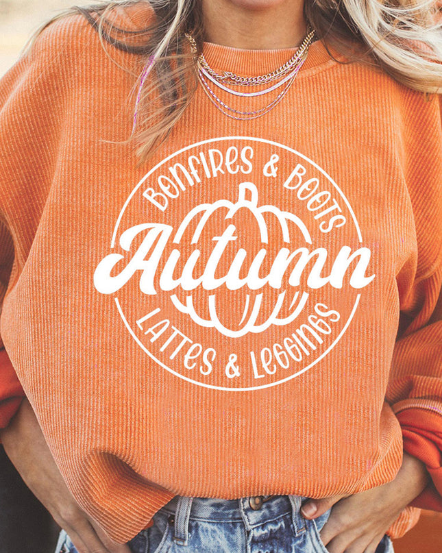 Orange Pumpkin Graphic Print Corded Oversized Sweatshirt