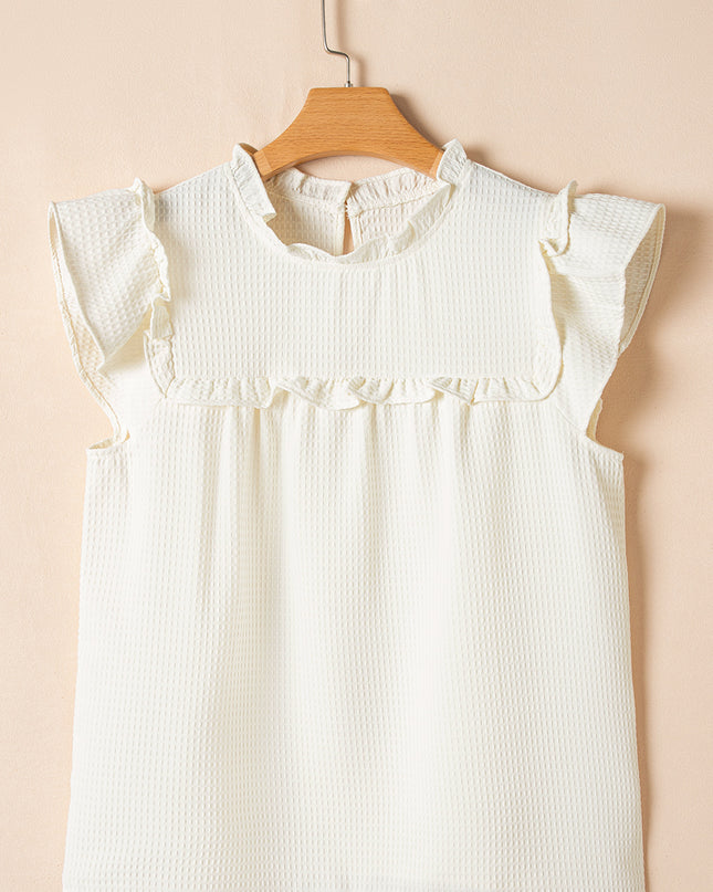 White Solid Color Ruffle Trim Waffle Textured Blouse