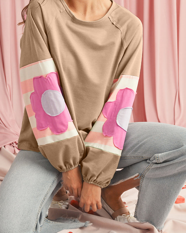 Smoke Green Flower Patchwork Exposed Seam Raglan Sleeve Top