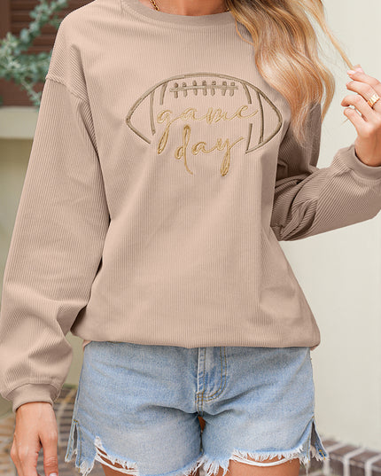 Dark Blue Football Graphic Drop Shoulder Game Day Corded Sweatshirt