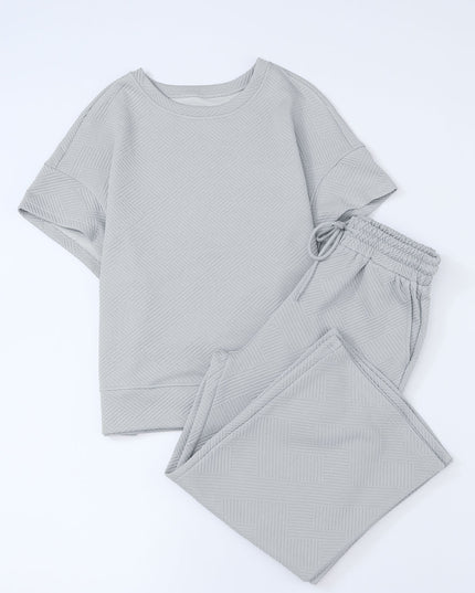 Black Textured Loose Fit T Shirt and Drawstring Pants Set