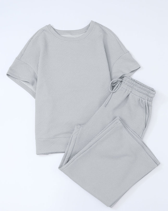 Black Textured Loose Fit T Shirt and Drawstring Pants Set