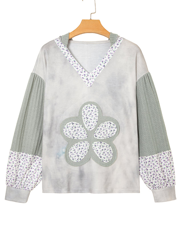 Beige Floral Textured Colorblock Patchwork Bishop Sleeve Hooded Top
