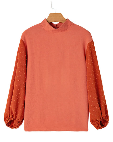 Russet Orange Swiss Dot Balloon Sleeve Patchwork Crinkle Blouse