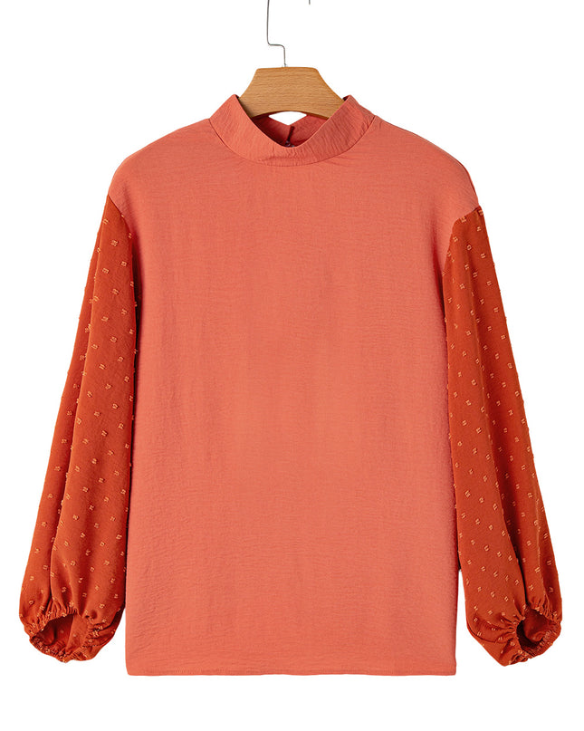 Russet Orange Swiss Dot Balloon Sleeve Patchwork Crinkle Blouse