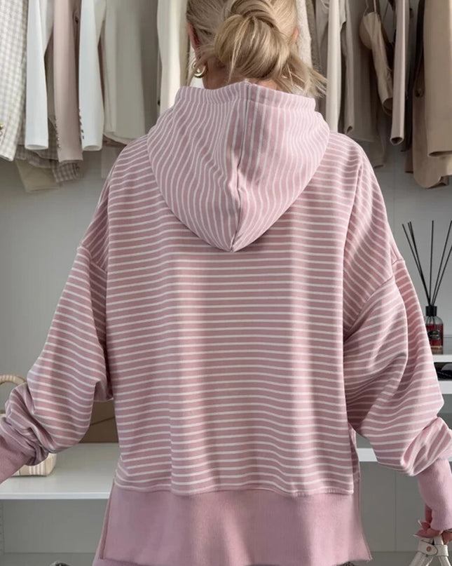 Purple Stripe Thumbhole Side Slits Drop Shoulder Loose Fit Hoodie