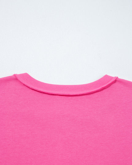 Bright Pink Raw Edge Henley Pullover and Jogger Pants Set
