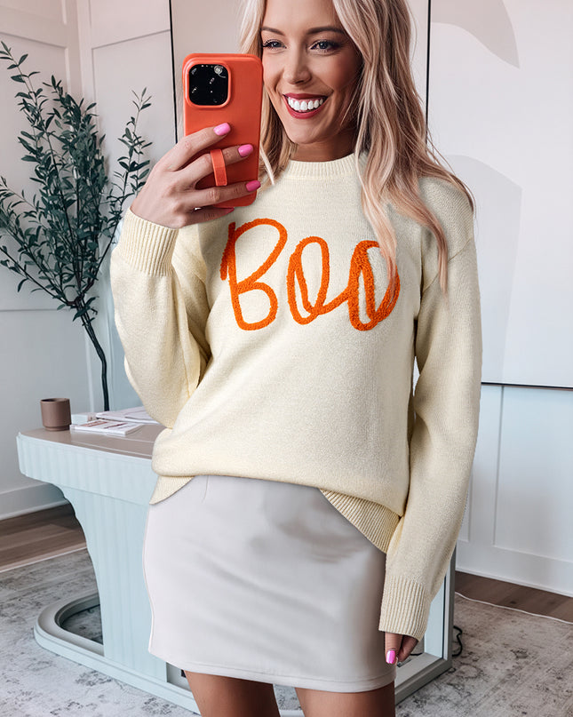 Apricot Halloween Boo Drop Shoulder Knit Sweater