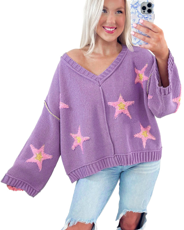 Lavendula Brushed Star Graphic V Neck Drop Shoulder Oversize Sweater