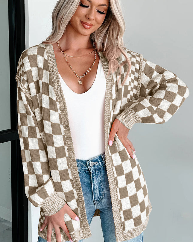 Orange Checkered Open Front Drop Shoulder Cardigan