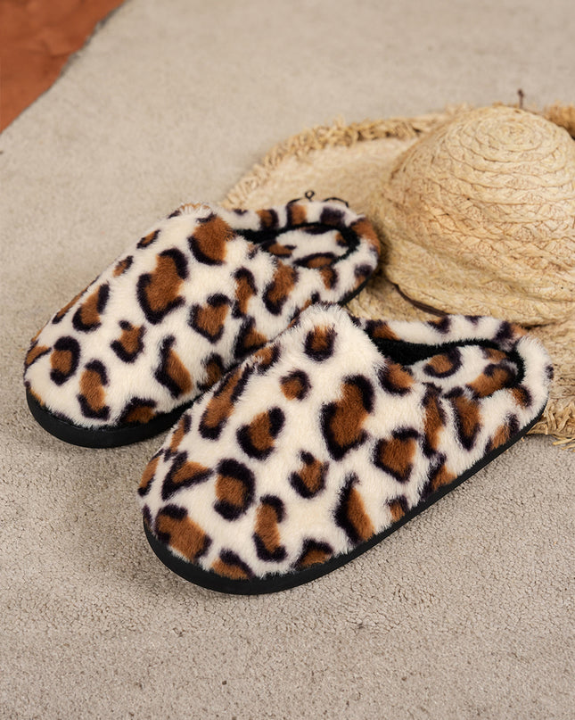Coffee Leopard Print Plush Winter Slippers