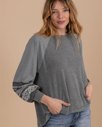 Rose Red Contrast Print Striped Raglan Long Sleeve Loose Top