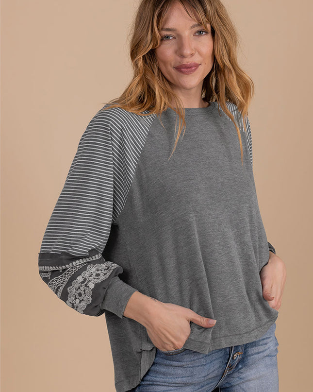 Rose Red Contrast Print Striped Raglan Long Sleeve Loose Top