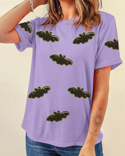 Wisteria Sequin Halloween Bat Patched Casual T Shirt