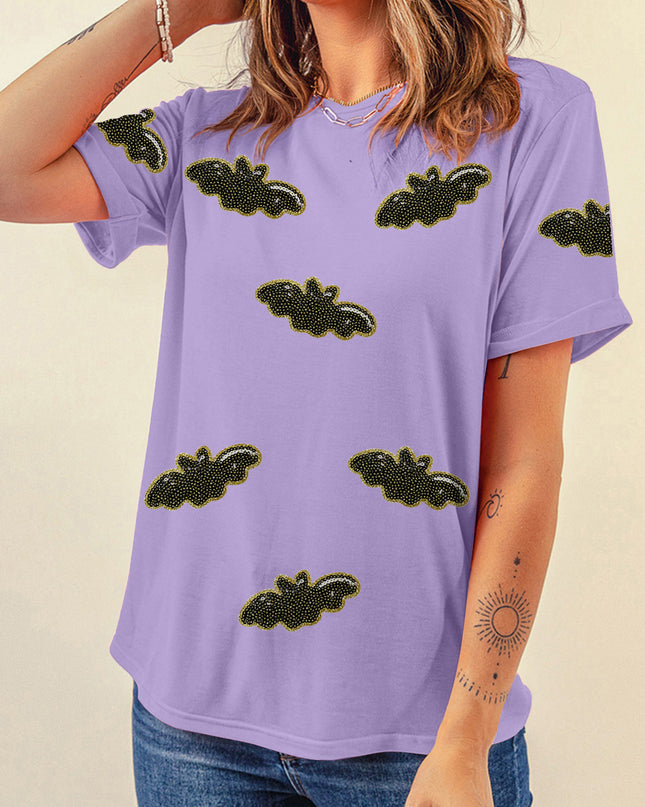Wisteria Sequin Halloween Bat Patched Casual T Shirt