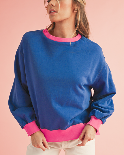Blue Contrast Trim Bubble Sleeve Sweatshirt