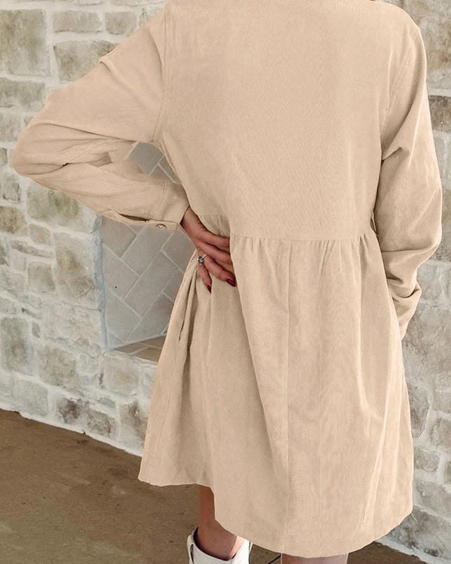 Oatmeal Corduroy Half Button Collared Long Sleeve Mini Dress