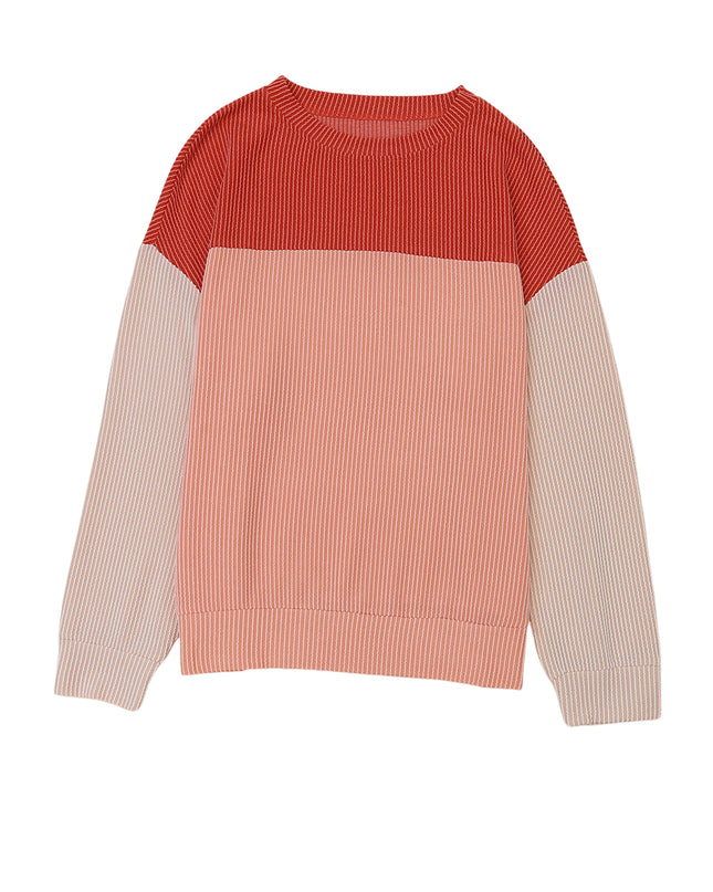 Multicolor Colorblock Ribbed Loose Long Sleeve Top